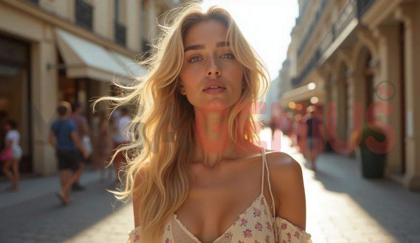 young blonde woman walking down a sunny street, likely in a European city.