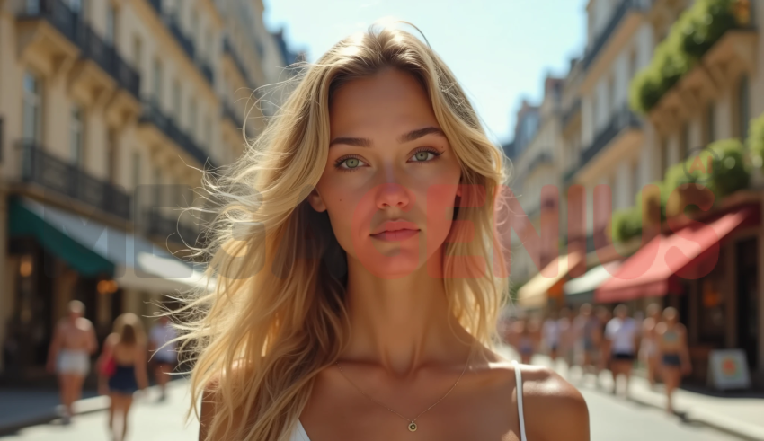 Young blonde woman walking down a sunny street, likely in a European city