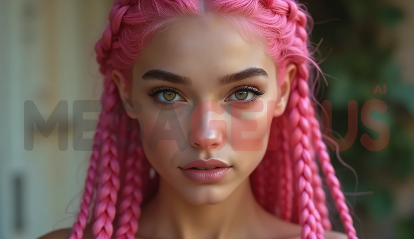 young woman with braided pink hair, which stands out perfectly against the blurred background