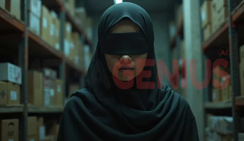 a woman dressed in a black veil, in a dark setting that appears to be a warehouse or storage space with shelves filled with boxes.