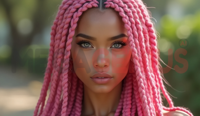 a woman with bright pink braids that stand out vividly against the blurred outdoor background.