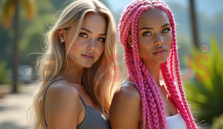 two women, one with blonde hair and the other with pink braids.