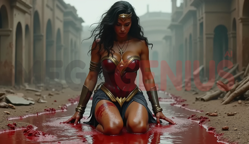 a warrior woman, clearly inspired by Wonder Woman, kneeling in the middle of a ruined street.