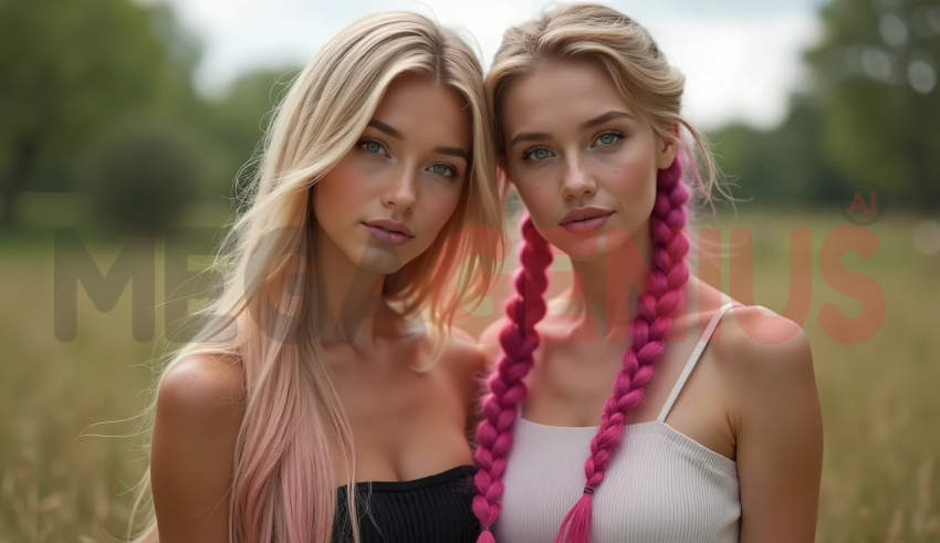 s two young women standing side by side in a natural landscape, with soft light illuminating their faces.