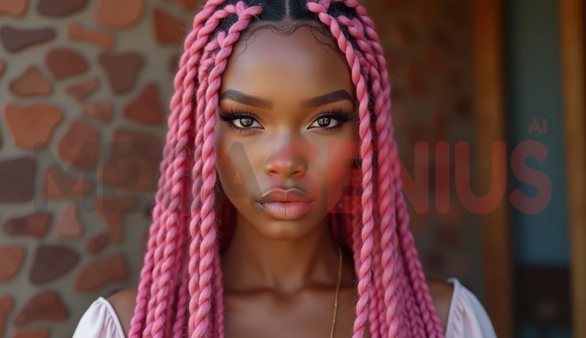 A woman with bright pink braids that stand out vividly against the blurred outdoor background.