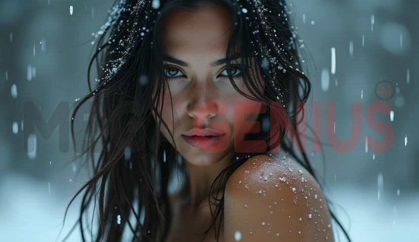 young brunette woman with a piercing gaze, with snowflakes scattered in her hair and on her bare shoulders.