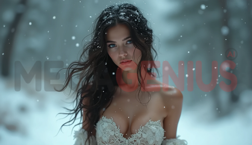 young brunette woman with a piercing gaze, with snowflakes scattered in her hair and on her bare shoulders.