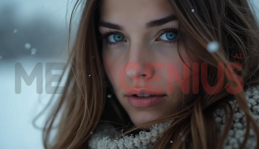 a close-up portrait of a woman with striking blue eyes, surrounded by snow.