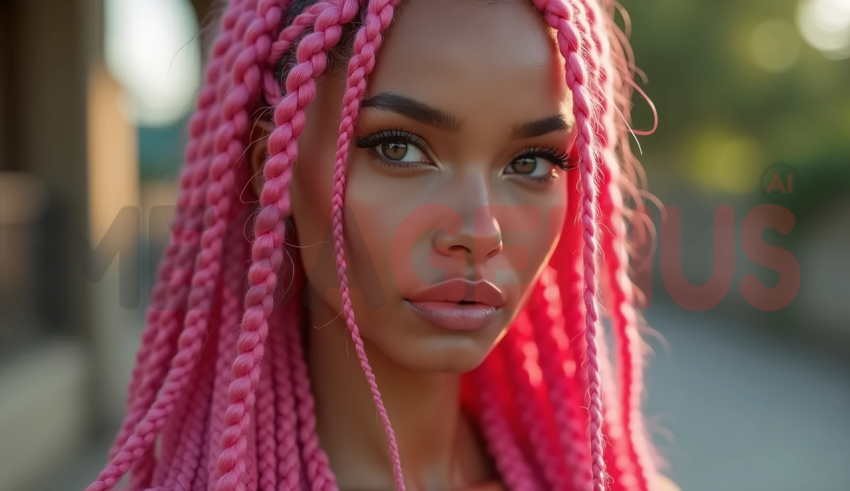 a woman with long, thick, bright pink braids.