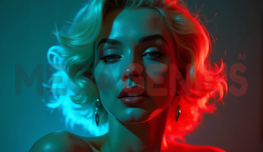 A woman with wavy blonde hair, bathed in intense blue and red lighting.