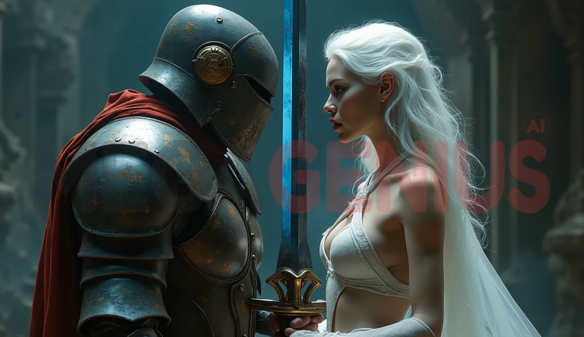 A knight in heavy armor, wearing an imposing helmet and a red cape, faces a pale woman with silver-white hair.