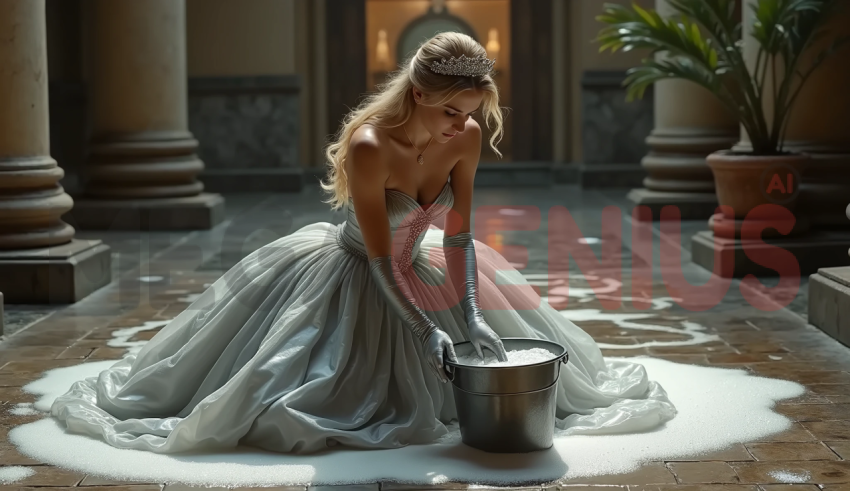 young woman in a gray princess gown, kneeling on the marble floor of a grand hall.