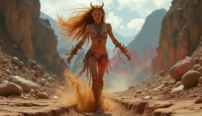 A mythological warrior woman in a desert mountain landscape