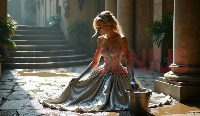 Young woman in a gray princess gown, kneeling on the marble floor of a grand hall.