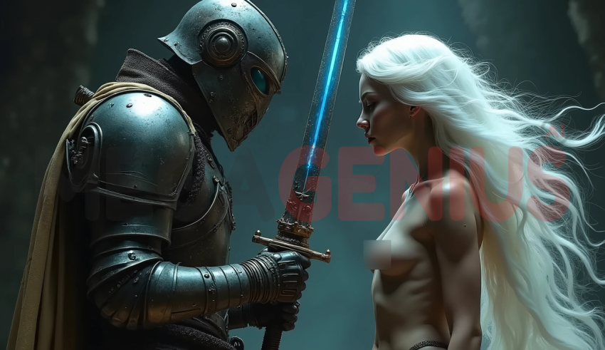 A knight in heavy armor, wearing an imposing helmet and a red cape, faces a pale woman with silver-white hair.