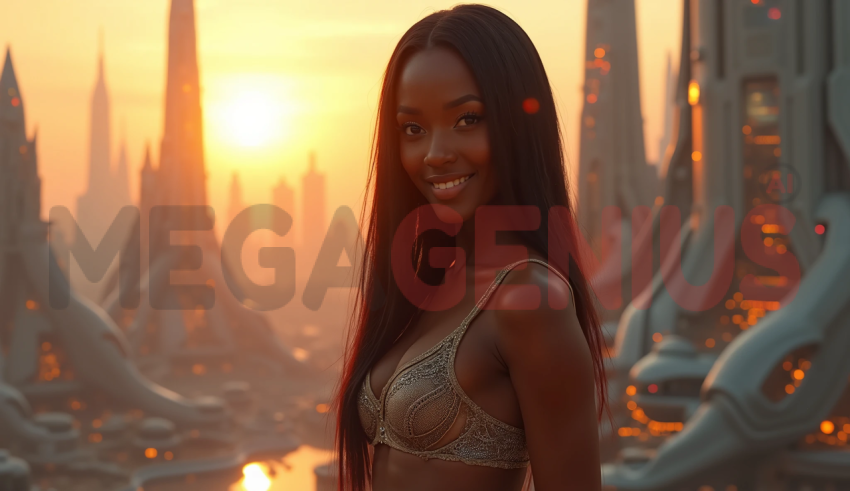 A smiling woman standing on a terrace overlooking a futuristic city during sunset.