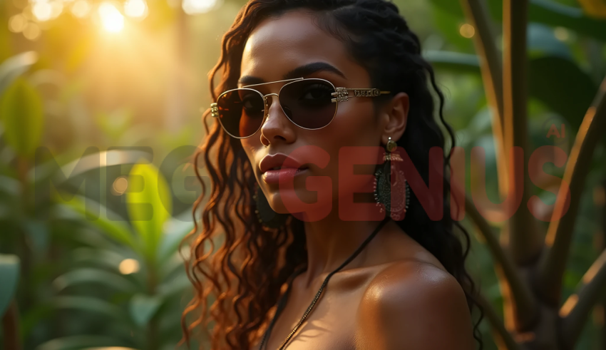 A woman wearing stylish sunglasses with a golden frame and large statement earrings in a natural setting, likely a tropical forest or lush garden.