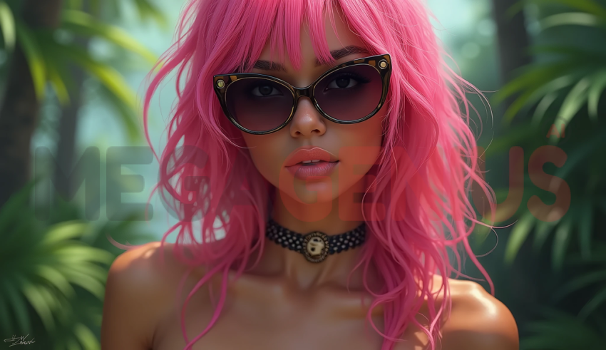 A mixed-racewoman with bright pink hair, wearing large stylish sunglasses with an ornate frame.