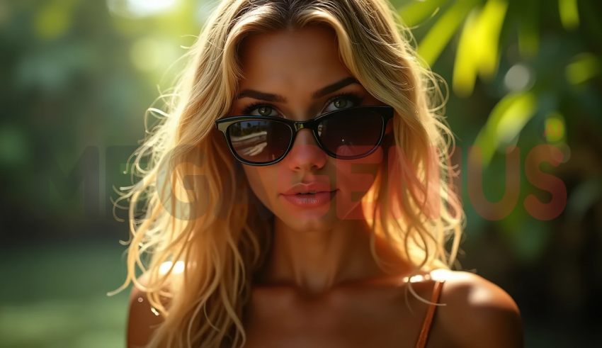 woman with curly blonde hair wearing golden aviator sunglasses.