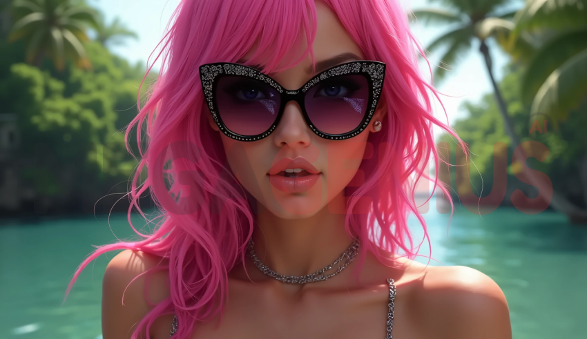 woman with vibrant pink hair, wearing oversized sunglasses decorated with rhinestones.