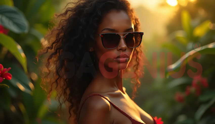 dark-skinned woman with curly hair, wearing stylish sunglasses.