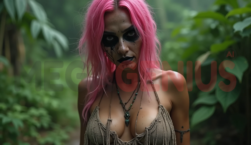 A zombie woman with bright pink hair,