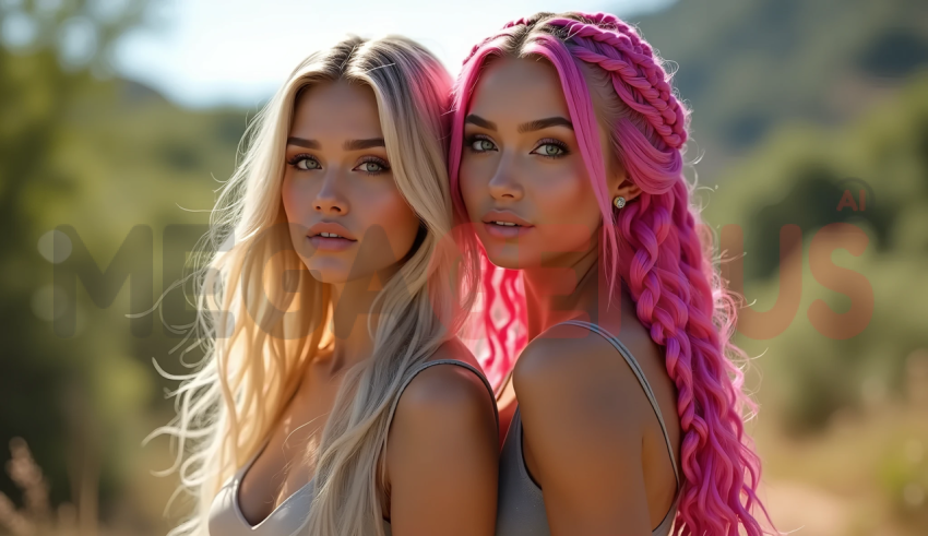 Two young women in a bright outdoor setting. One has long blonde hair, while the other sports vivid pink hair styled in elaborate braids.