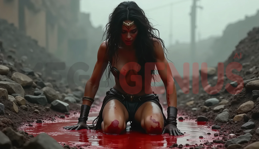 This AI-generated image shows Wonder Woman kneeling in a pool of blood in a post-apocalyptic setting.