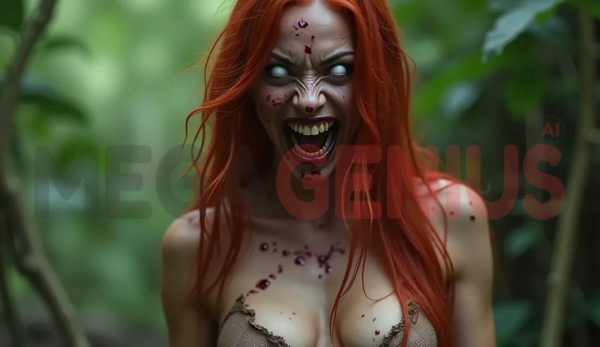 Red-haired woman with a zombified face, featuring completely white eyes and a ferocious expression.