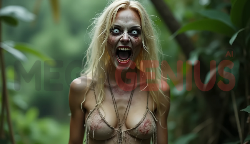 Terrifying zombie woman. Her blonde hair is disheveled,  her gaze vacant with white, pupil-less eyes