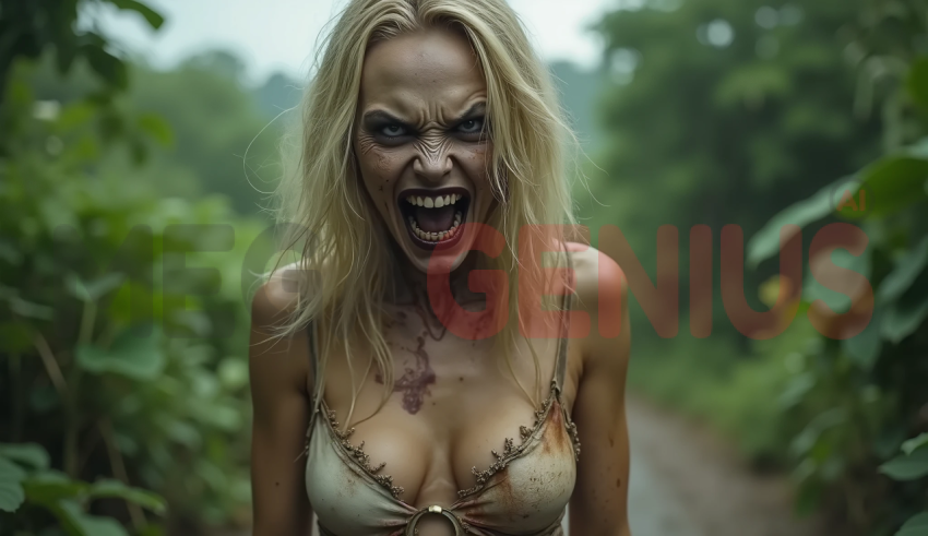 Zombie woman in a natural setting. Her blonde hair is disheveled, her face twisted in a scream of rage