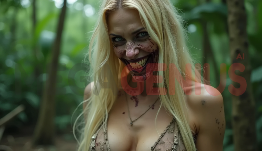 Terrifying zombie woman with a distorted smile and sharp teeth.