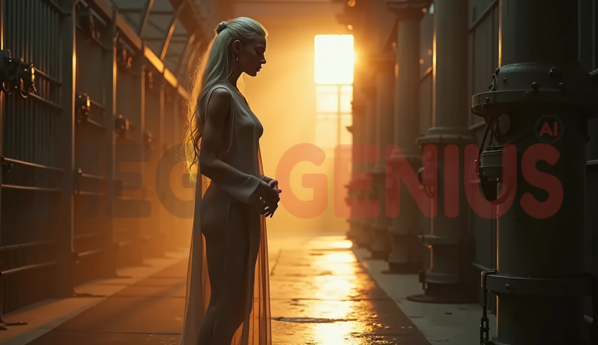 Blonde woman standing in a long industrial corridor bathed in golden light