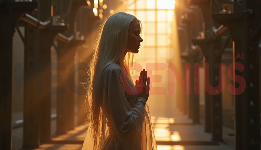 Blonde woman standing in a dark corridor