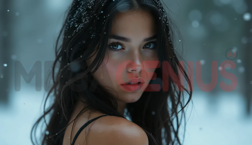 Young woman with dark hair, sprinkled with snowflakes