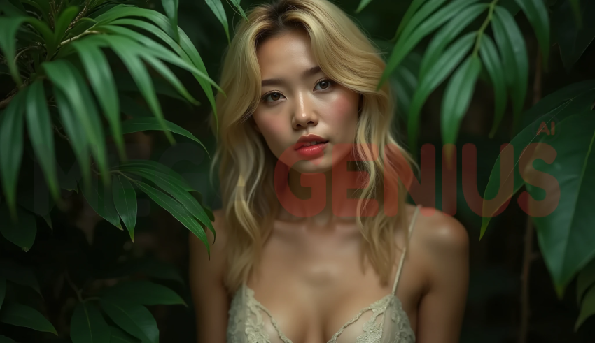 Asian blonde woman standing among lush vegetation