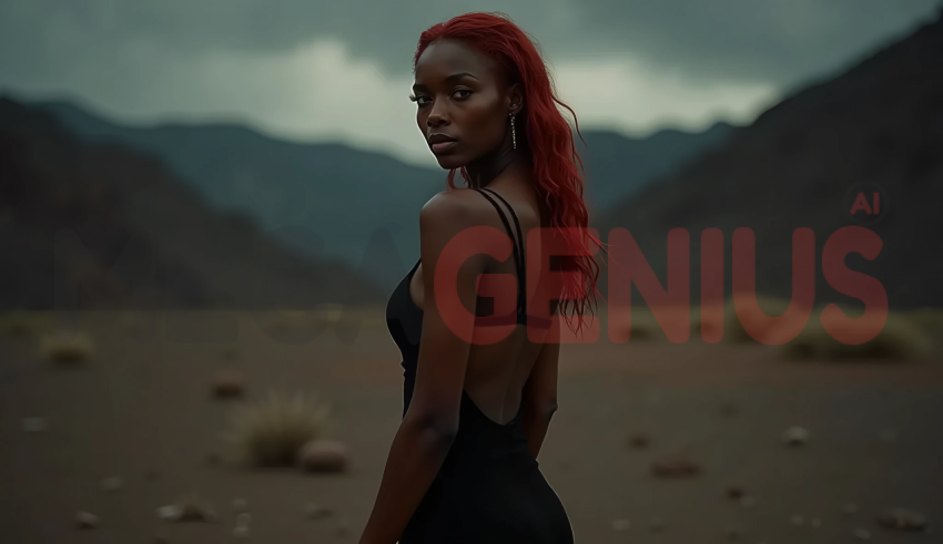 Black woman with bright red hair standing in an arid desert