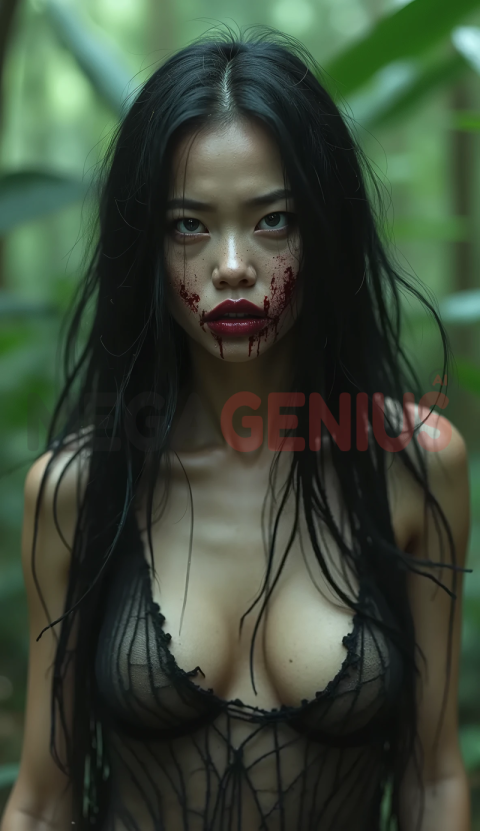 a zombie woman with long black hair, standing in a dark and mysterious forest.2