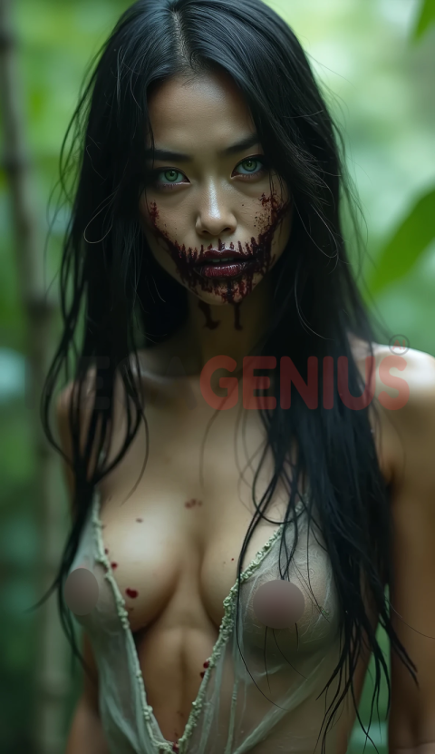 A zombie woman with long black hair, standing in a dark, mysterious forest.