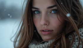 a close-up portrait of a woman with striking blue eyes, surrounded by snow.