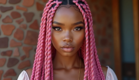 A woman with bright pink braids that stand out vividly against the blurred outdoor background.