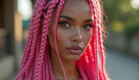 a woman with long, thick, bright pink braids.