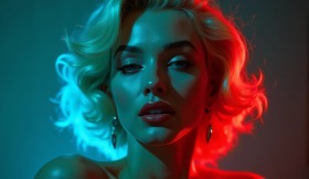 A woman with wavy blonde hair, bathed in intense blue and red lighting.