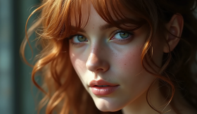 A woman with wavy red hair and intense green eyes.