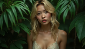 Asian blonde woman standing among lush vegetation