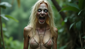 Terrifying zombie woman. Her blonde hair is disheveled,  her gaze vacant with white, pupil-less eyes