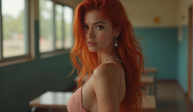 Woman with fiery red hair in a naturally lit room