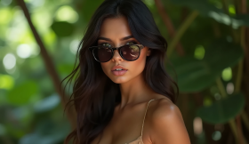 Young brunette woman wearing black sunglasses