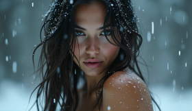 young brunette woman with a piercing gaze, with snowflakes scattered in her hair and on her bare shoulders.