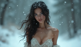 young brunette woman with a piercing gaze, with snowflakes scattered in her hair and on her bare shoulders.